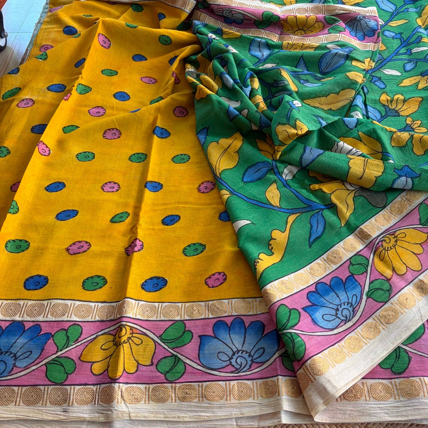 Green Kalamkari Hand Painted on Cotton Sungudi Saree With Blouse