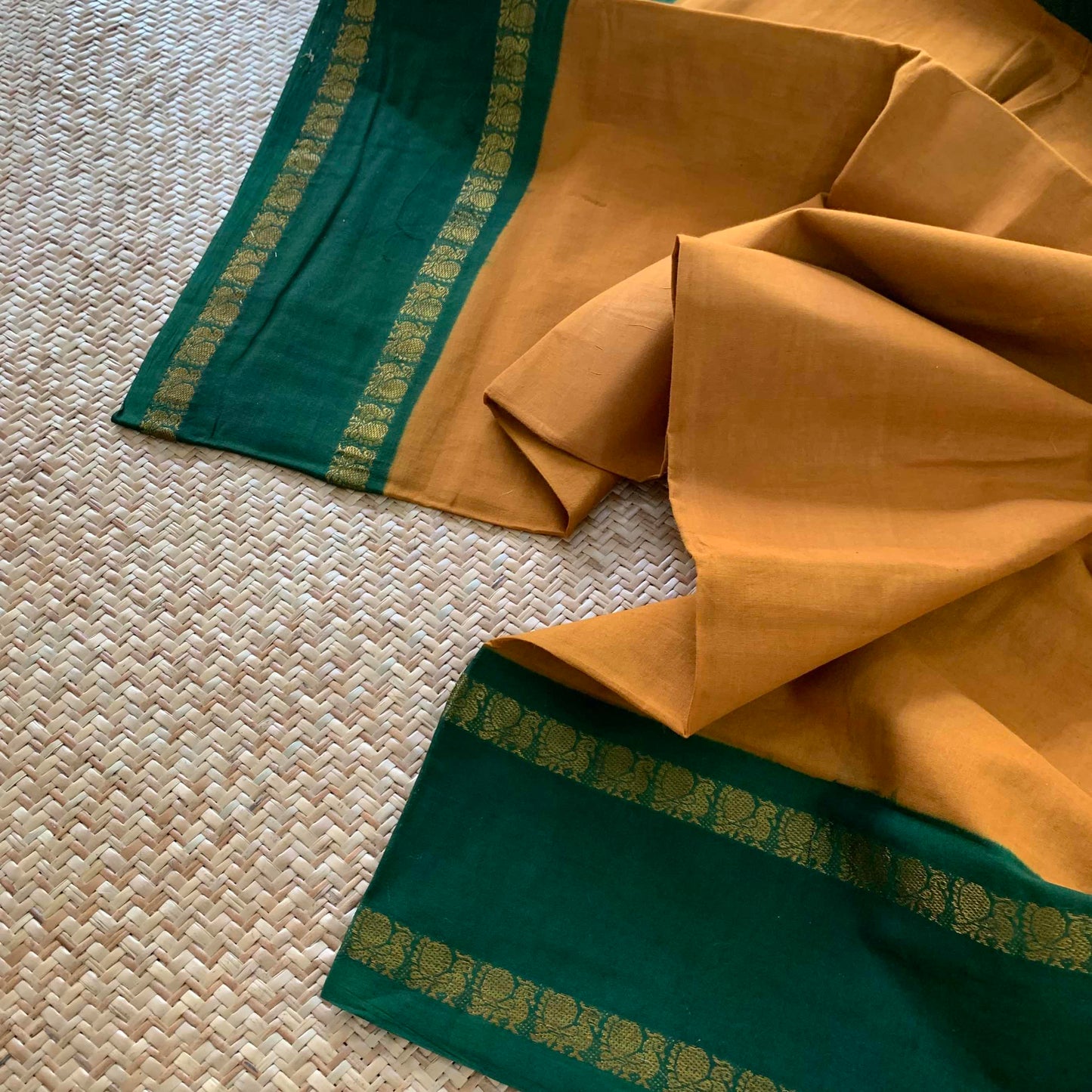 Mustard Saree With Green Border, Zari Annam Rettai Pettu Border , Clamp dyed (Kattu sayam).