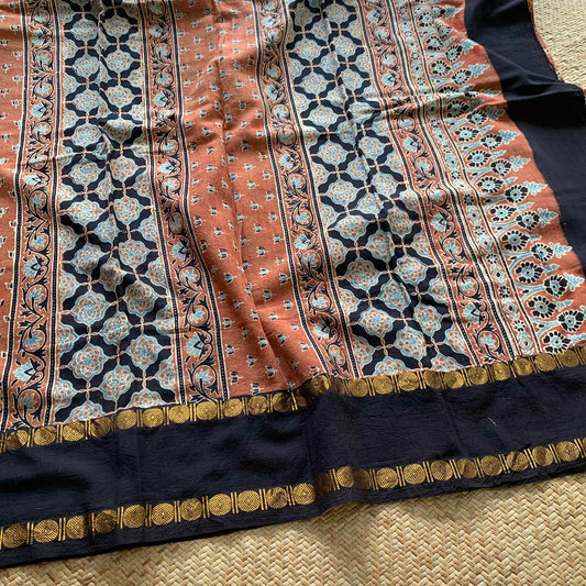 Brick Orange, Black Pallu Ajrak Hand Block Printed On Madurai Cotton Saree With Zari