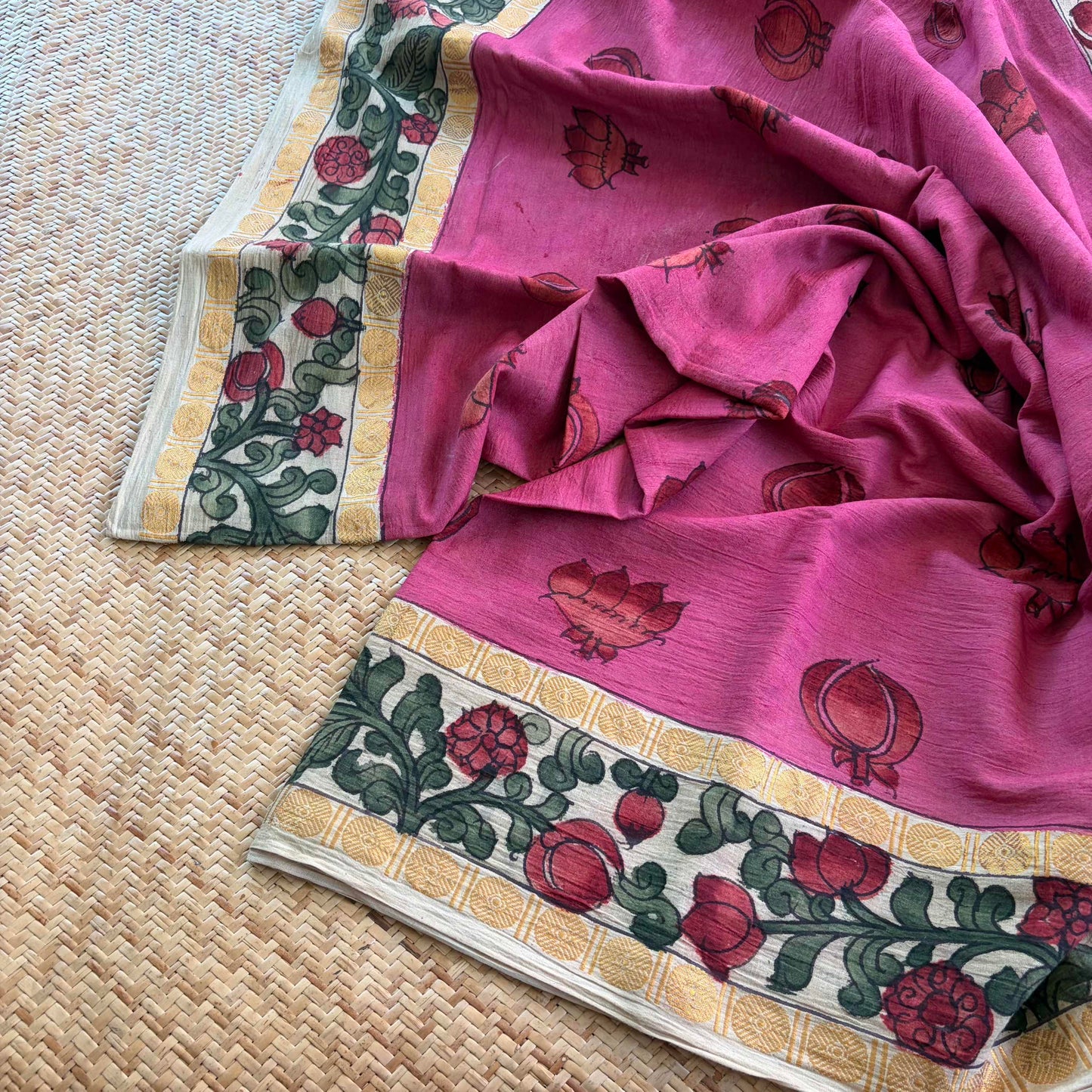 Pink Kalamkari Hand Painted on Cotton Sungudi Saree With Blouse