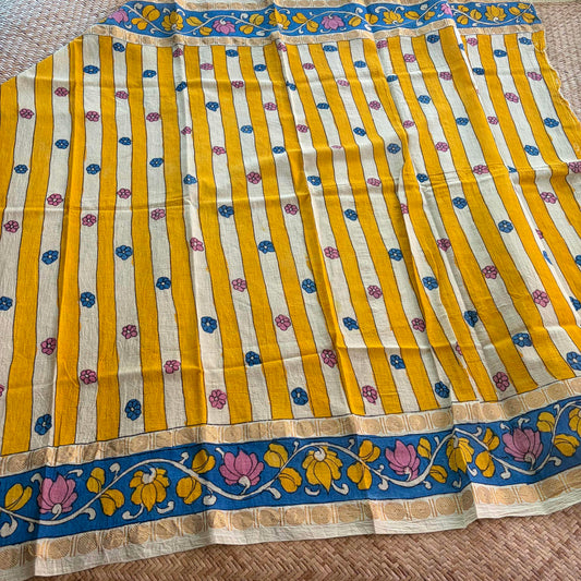 Yellow Floral, Kalamkari Hand Painted on a Madurai Sungudi Cotton 1.20 METER FABRIC