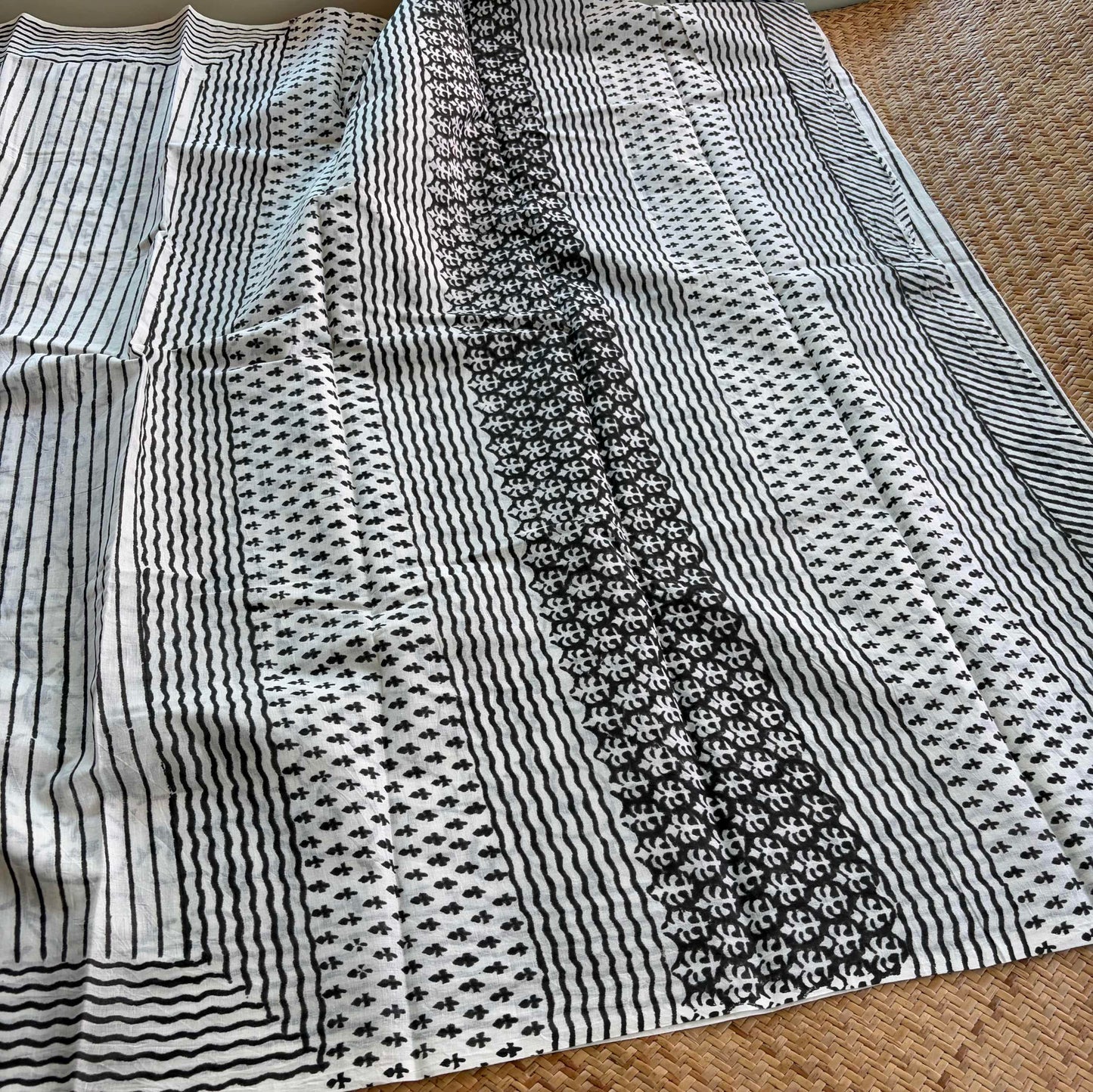 Mul Mul Cotton saree, Hand Block Printed, White