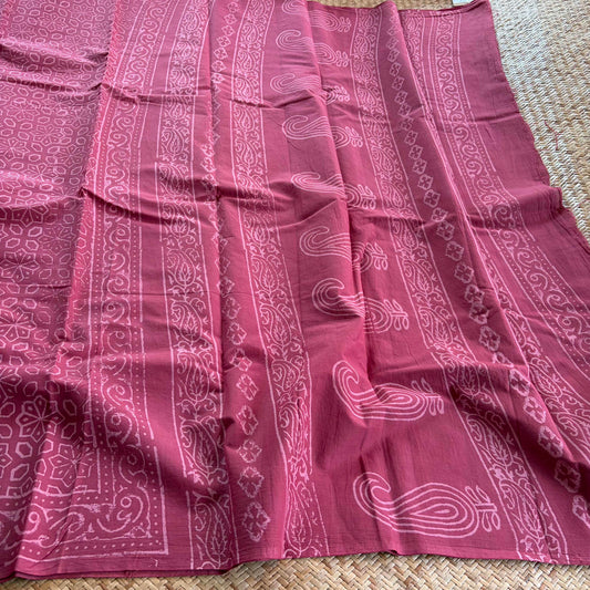 Mul Mul Cotton saree, Hand Block Printed, Pink