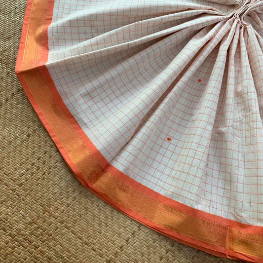 Chettinad Cotton Saree, Pure White Checked Saree With Orange Border