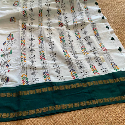 Sungudi Saree with multi colour thread Kantha embroidery