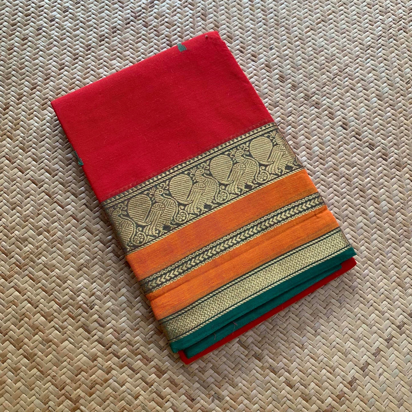 Chettinad Cotton Saree, Red Saree with Orange Border