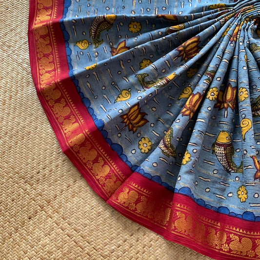 Pound- Kalamkari Hand Painted on a Madurai Velthari Sungudi Cotton saree.