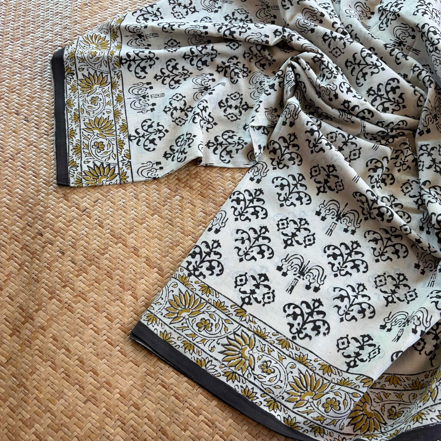 Mul Mul Cotton saree, Hand Block Printed, Beige