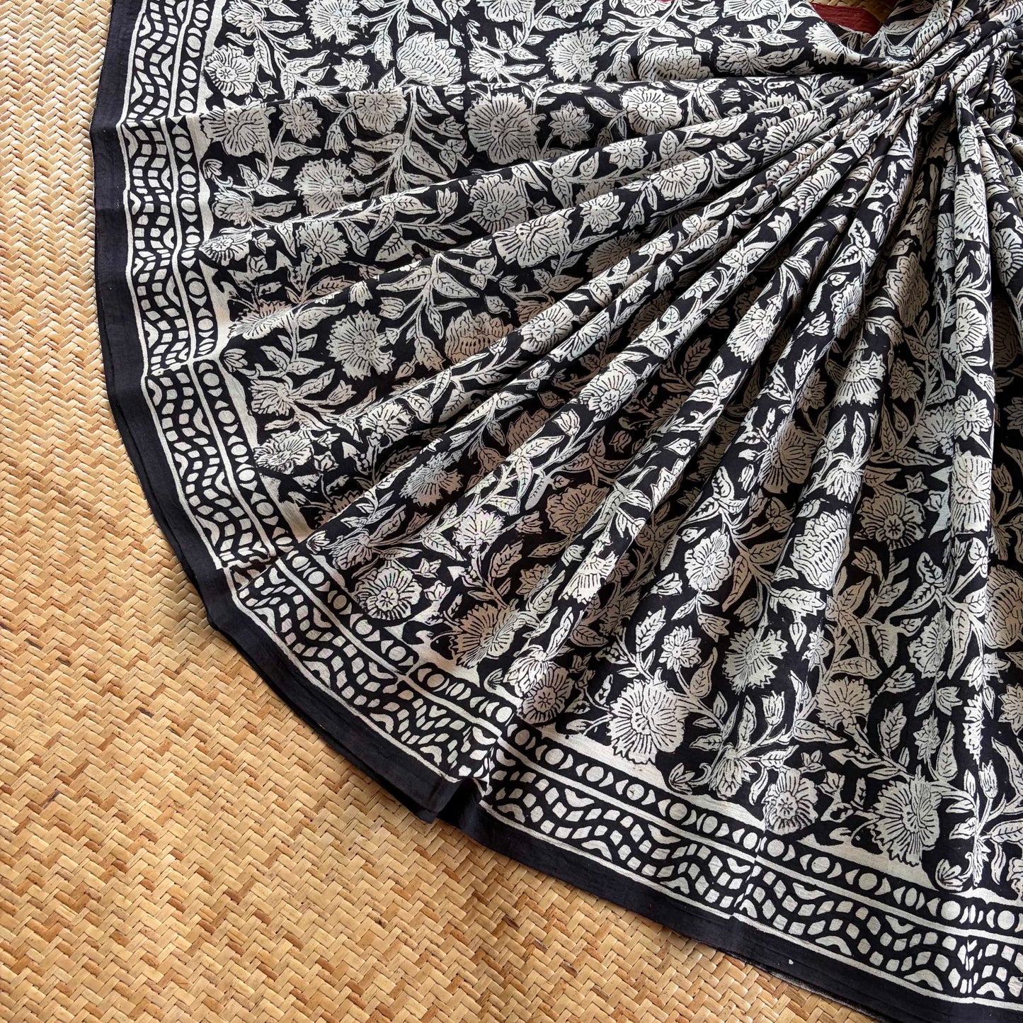 Mul Mul Cotton saree, Hand Block Printed, Black