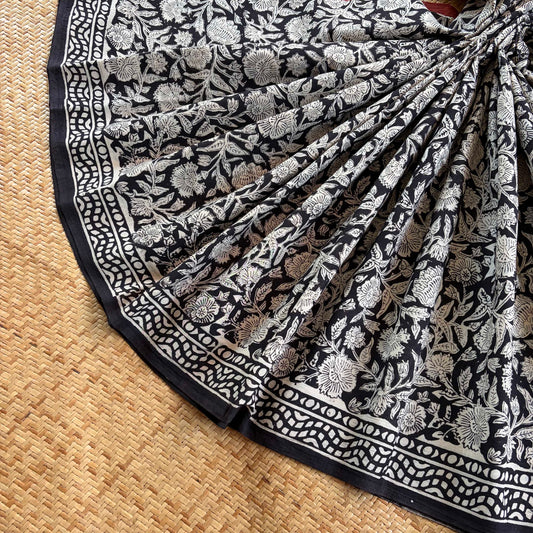 Mul Mul Cotton saree, Hand Block Printed, Black