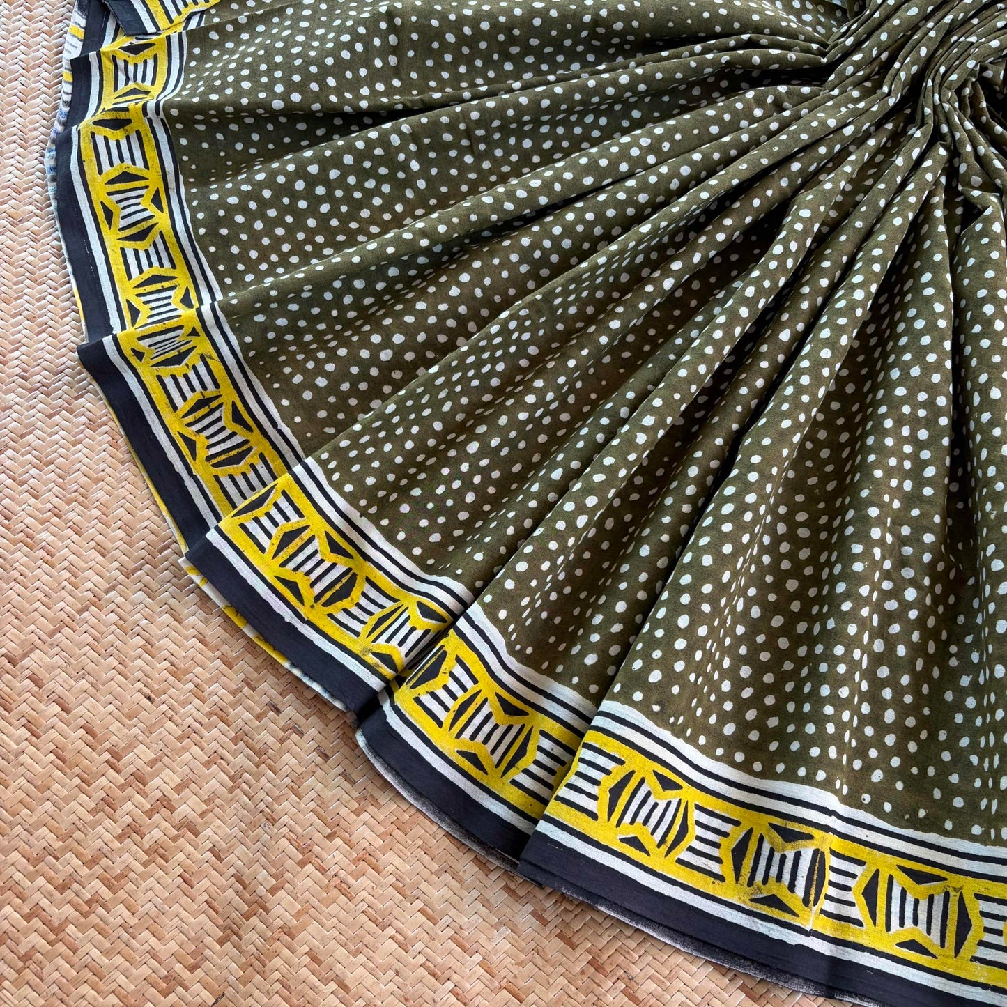 Mul Mul Cotton saree, Hand Block Printed, Green