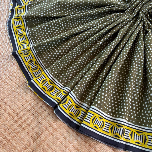 Mul Mul Cotton saree, Hand Block Printed, Green