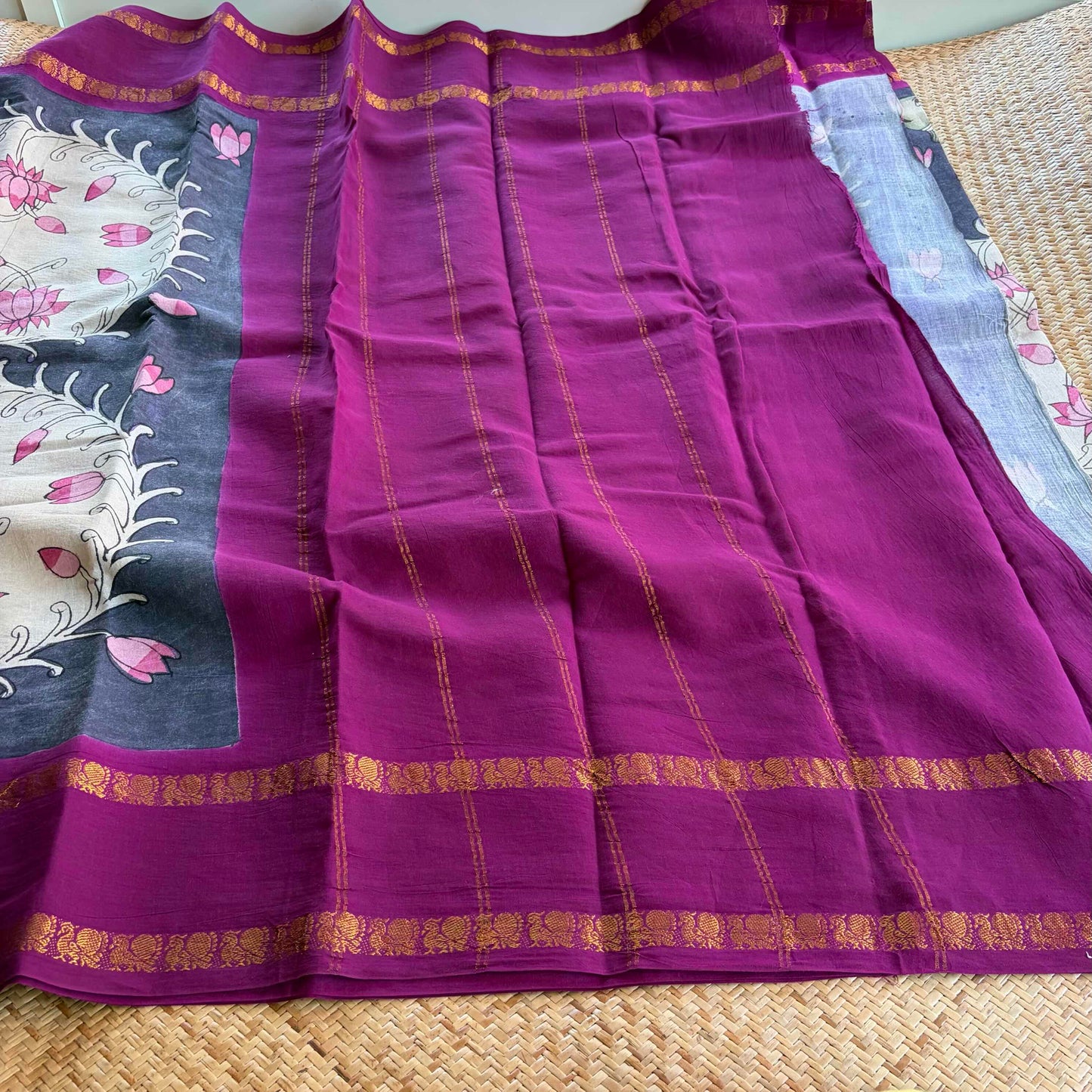 Fish, Kalamkari Hand Painted on a Madurai Sungudi Cotton saree.