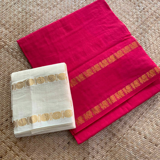 Redish Pink Saree With Off White Blouse Piece, Zari Annam Rettai Pettu Border , Clamp dyed (Kattu sayam).