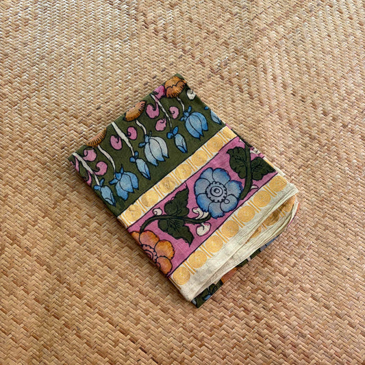 Green Floral, Kalamkari Hand Painted on a Madurai Sungudi Cotton 1.20 METER FABRIC