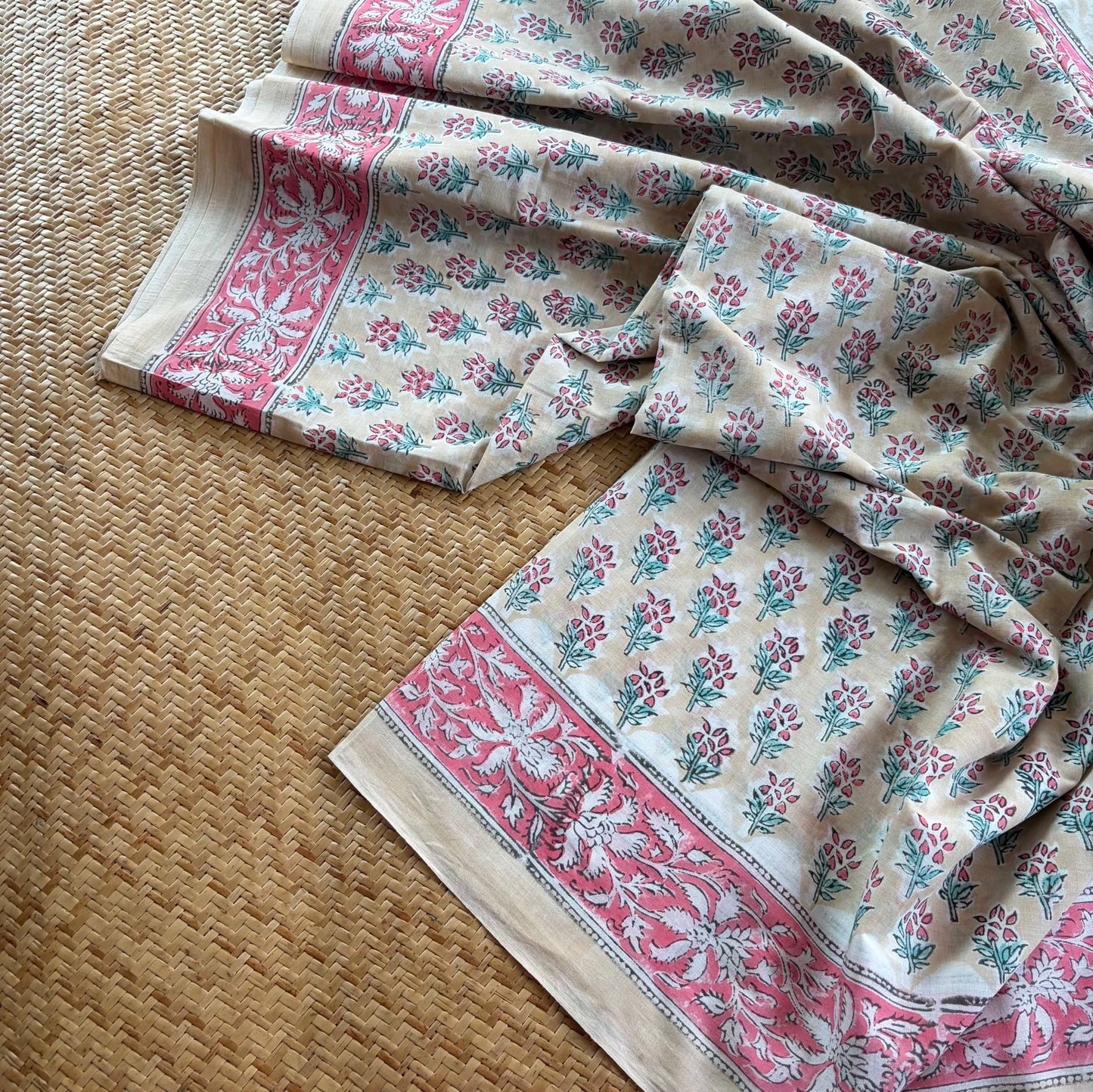 Mul Mul Cotton saree, Hand Block Printed, Sandal