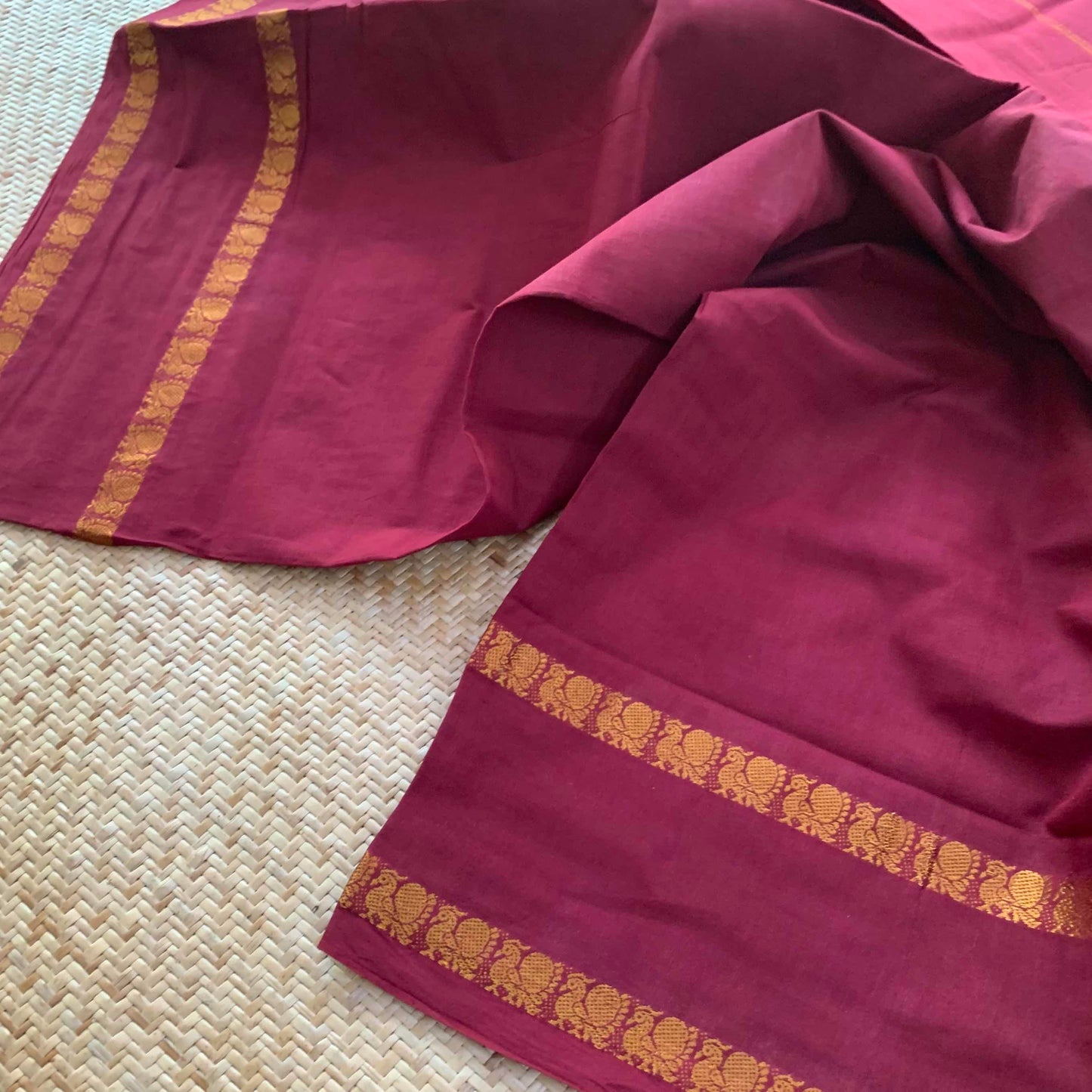 Brown Saree with kalamkari Blouse piece, Zari Annam Rettai Pettu Border , Clamp dyed (Kattu sayam).