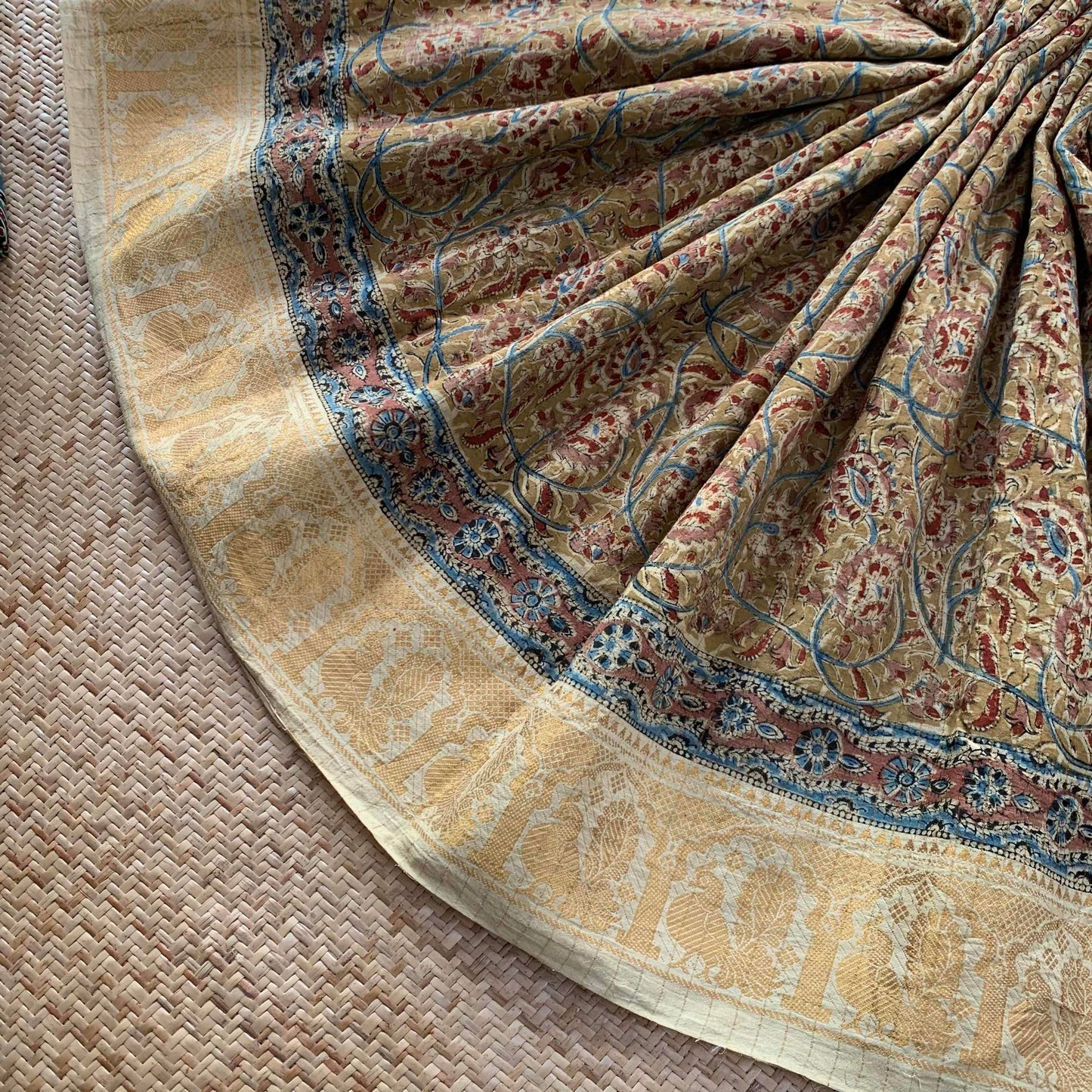 9.5 yards Mustard, Kalamkari Hand Block Printed On Madurai Cotton Saree With Zari