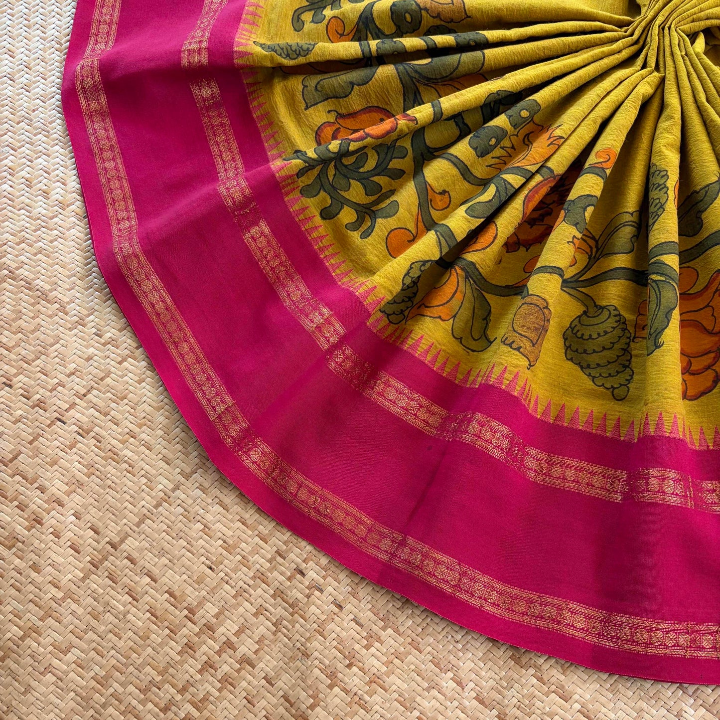 Olive Green Kalamkari Hand Painted on Chettinad Cotton saree