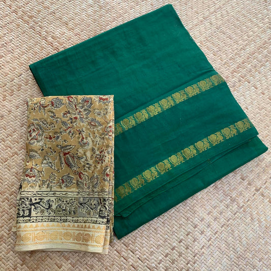 Green Saree with kalamkari Blouse piece, Zari Annam Rettai Pettu Border , Clamp dyed (Kattu sayam).