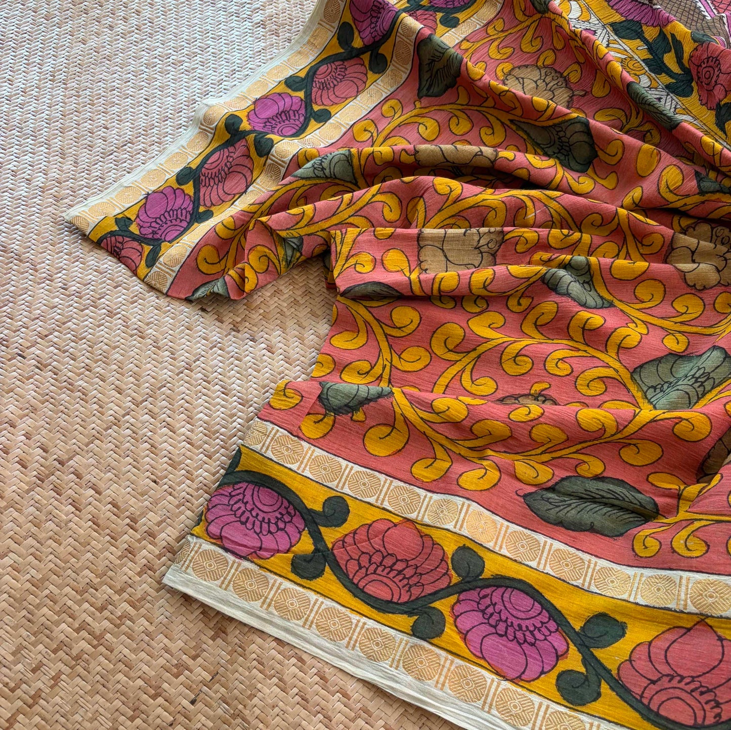 Peach Kalamkari Hand Painted on Cotton Sungudi Saree With Blouse