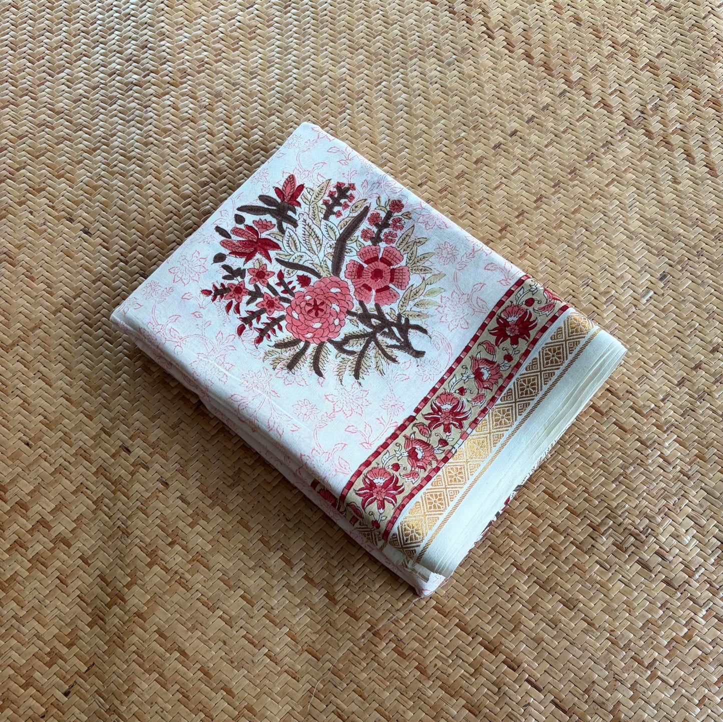 White, Jaipur Hand Block Printed On Madurai Cotton Saree With Zari
