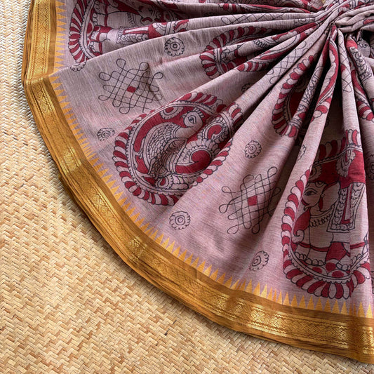 Dusty Pink, Kalamkari Hand Painted on Chettinad Cotton saree
