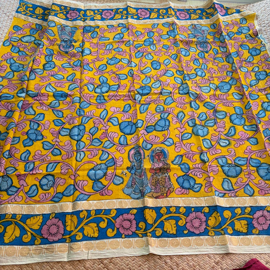 Yellow Floral, Kalamkari Hand Painted on a Madurai Sungudi Cotton 1.20 METER FABRIC