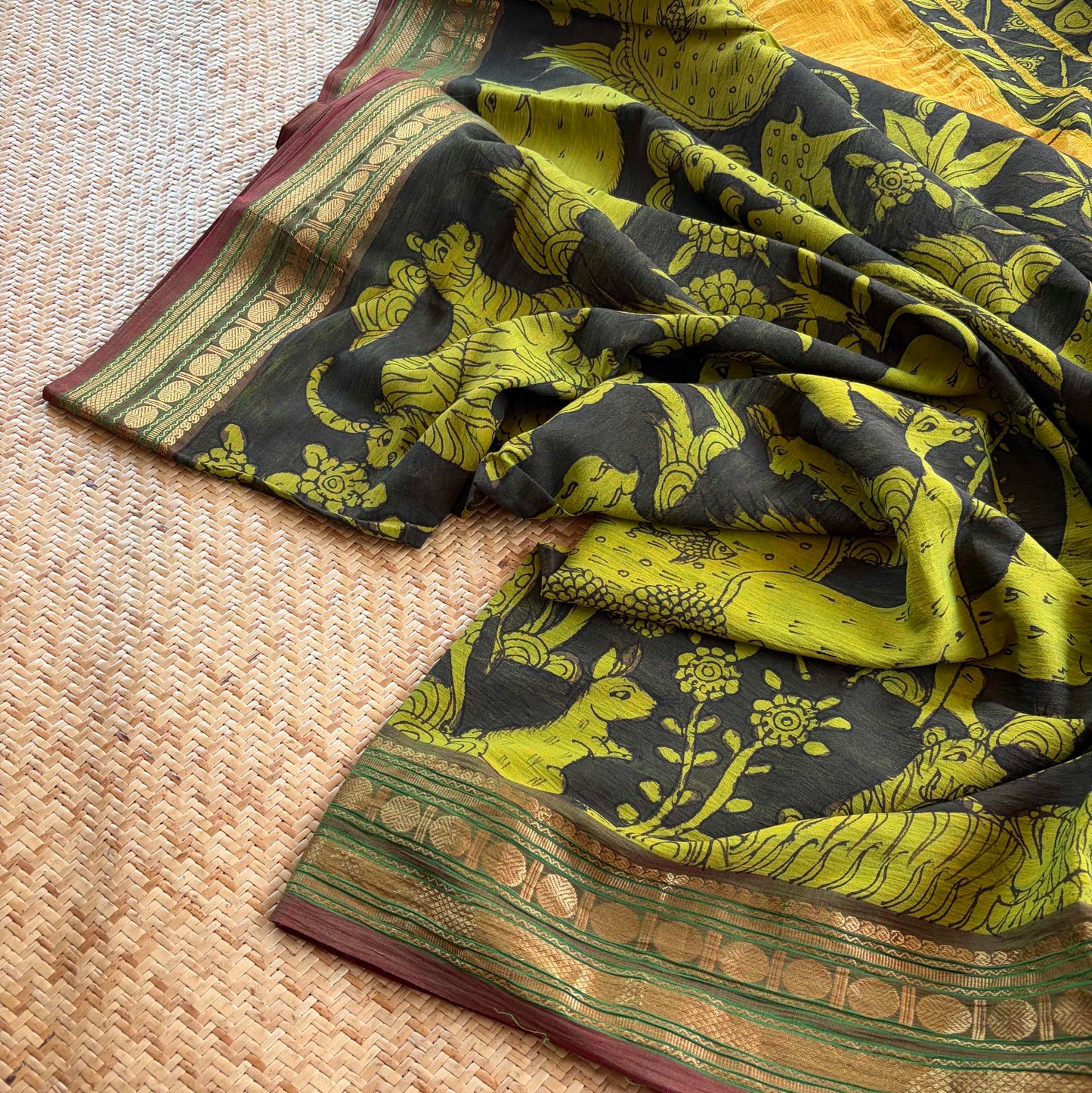 Green Forest Kalamkari Hand Painted on Chettinad Cotton saree