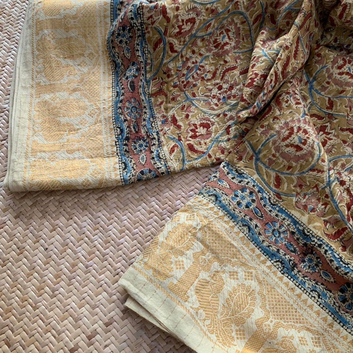 9.5 yards Mustard, Kalamkari Hand Block Printed On Madurai Cotton Saree With Zari