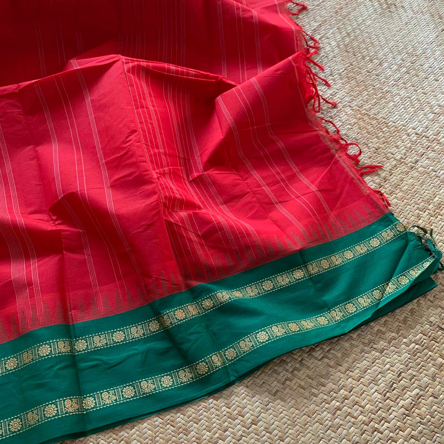 Chettinad Cotton Saree, Red Saree with Korvai Border
