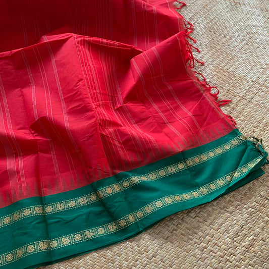 Chettinad Cotton Saree, Red Saree with Korvai Border