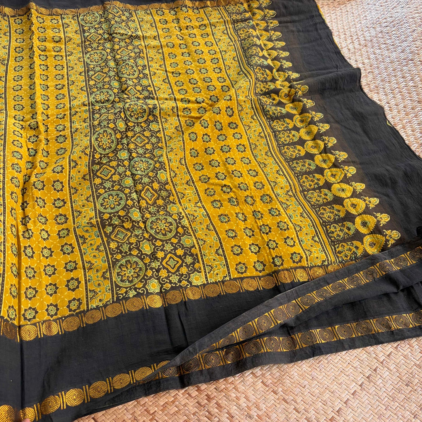 Mustard, Ajrak Hand Block Printed On Madurai Cotton Saree With Zari