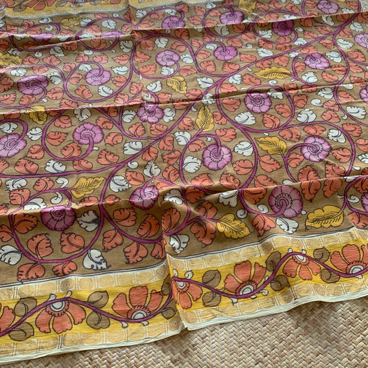 Mustard Floral, Kalamkari Hand Painted on a Madurai Sungudi Cotton BLOUSE