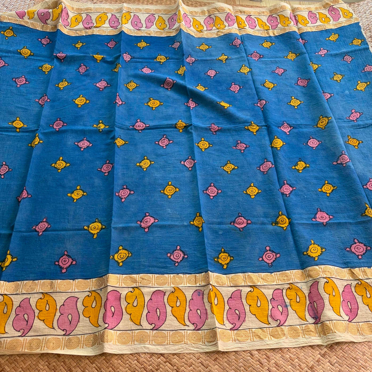 Blue Floral, Kalamkari Hand Painted on a Madurai Sungudi Cotton 1.20 METER FABRIC
