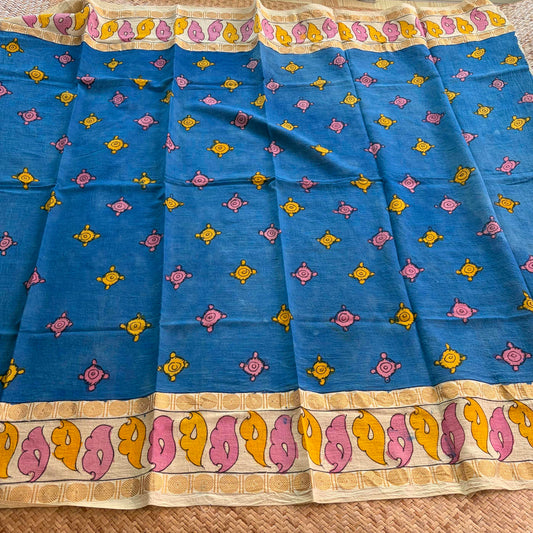 Blue Floral, Kalamkari Hand Painted on a Madurai Sungudi Cotton 1.20 METER FABRIC