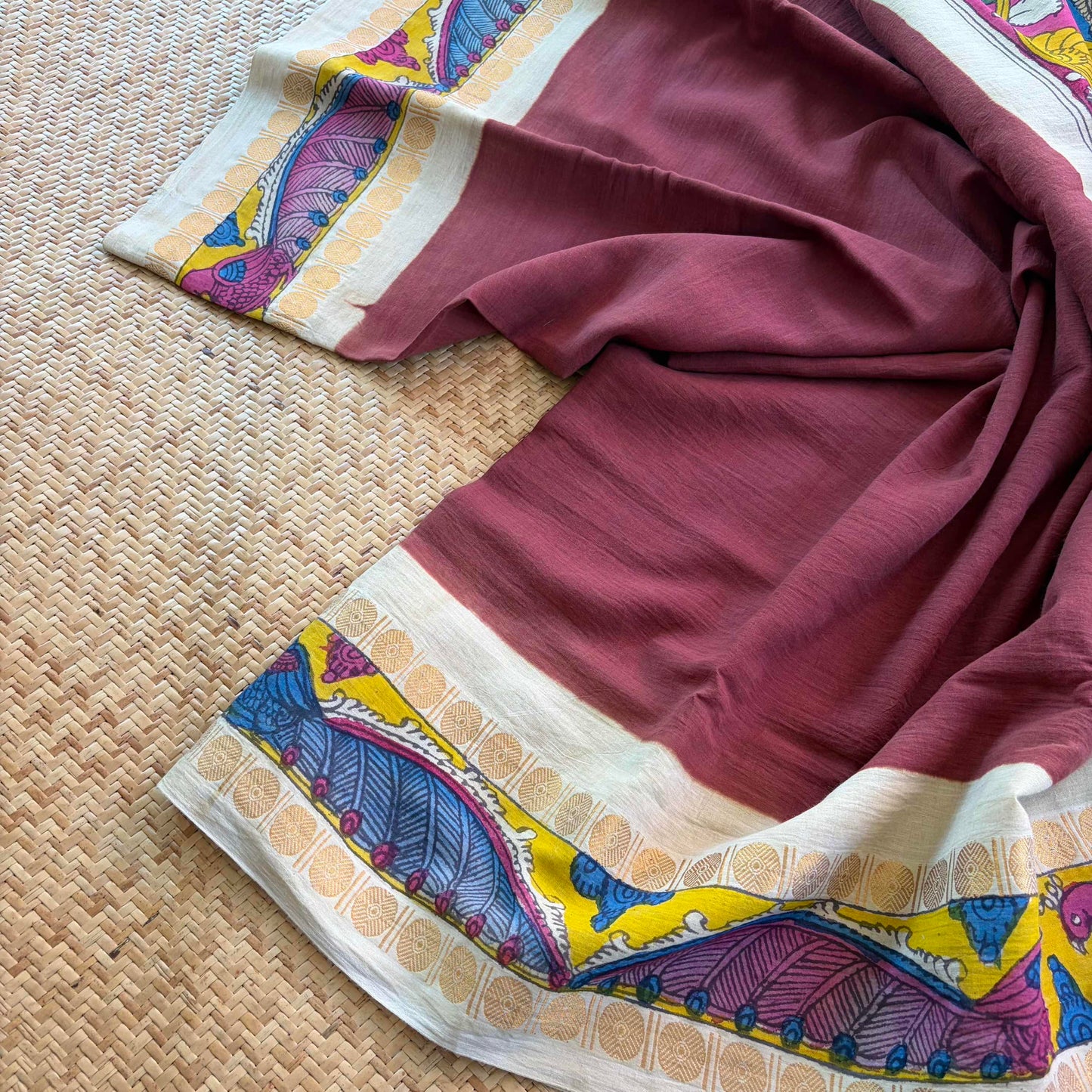 Peacock 🦚 - Kalamkari Hand Painted on a Madurai Sungudi Cotton saree. With Blouse