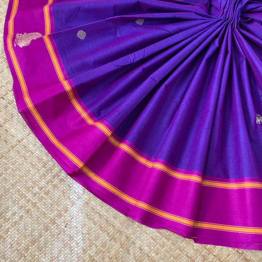 Kanchipuram Cotton Saree, Voilet Double Tone Saree With Purple Border, Grand Pallu and Yazhi Chakkaram Butta