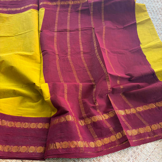 Mustard Saree With Running Blouse , Zari Rudraksham Rettai Pettu Border , Clamp dyed (Kattu sayam)