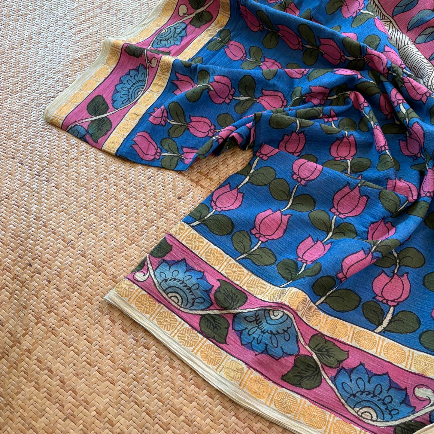 Blue Kalamkari Hand Painted on Cotton Sungudi Saree With Blouse