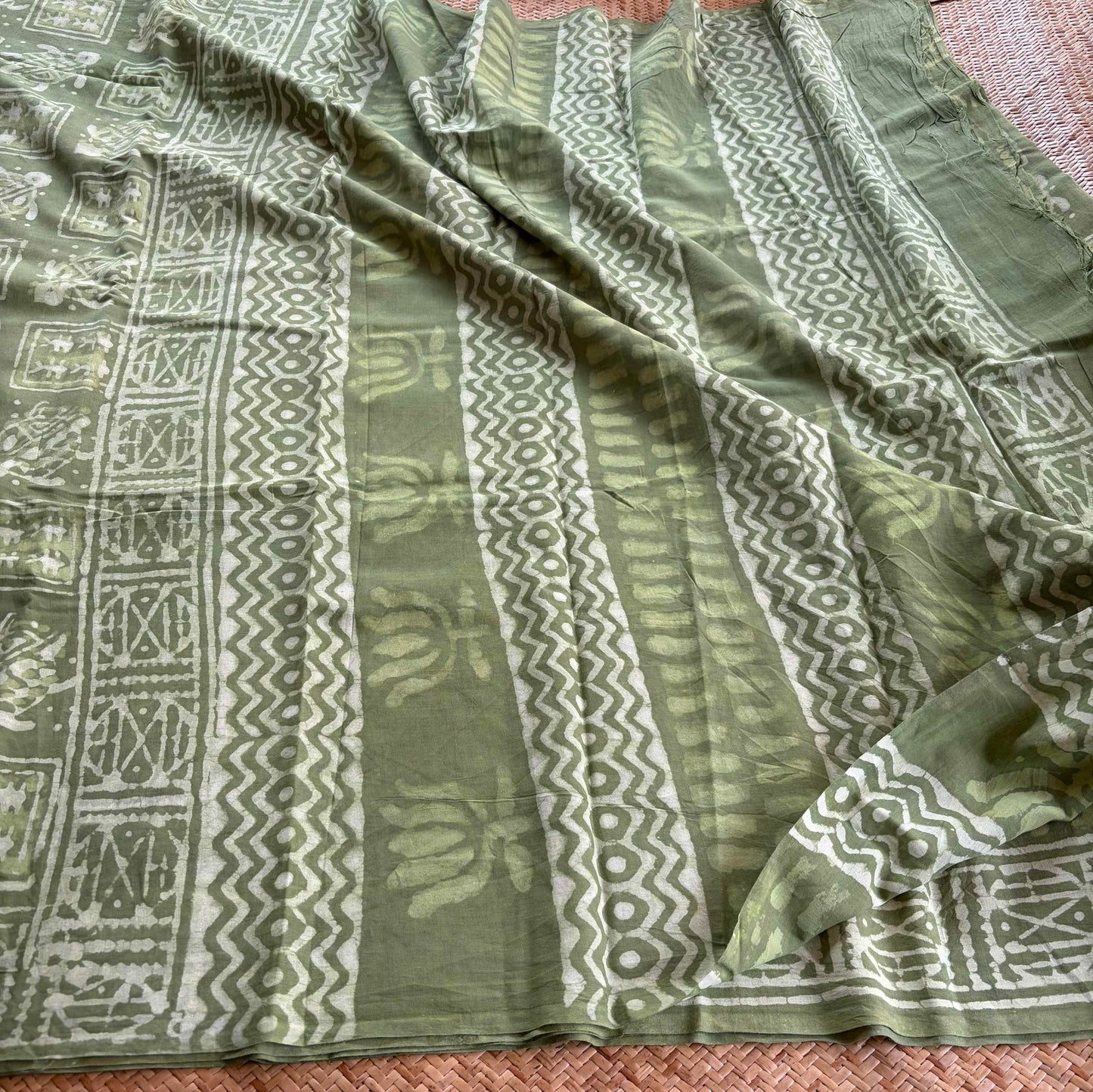Mul Mul Cotton saree, Hand Block Printed, Green