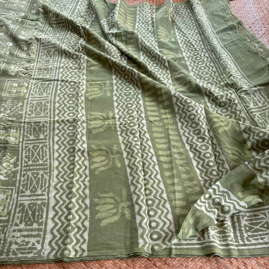 Mul Mul Cotton saree, Hand Block Printed, Green