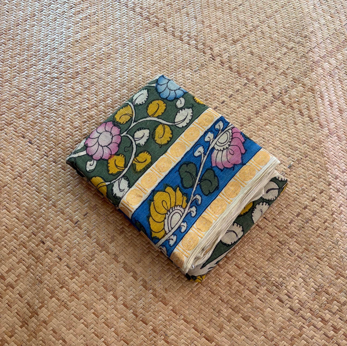 Green Kalamkari Hand Painted on Cotton Sungudi Saree With Blouse