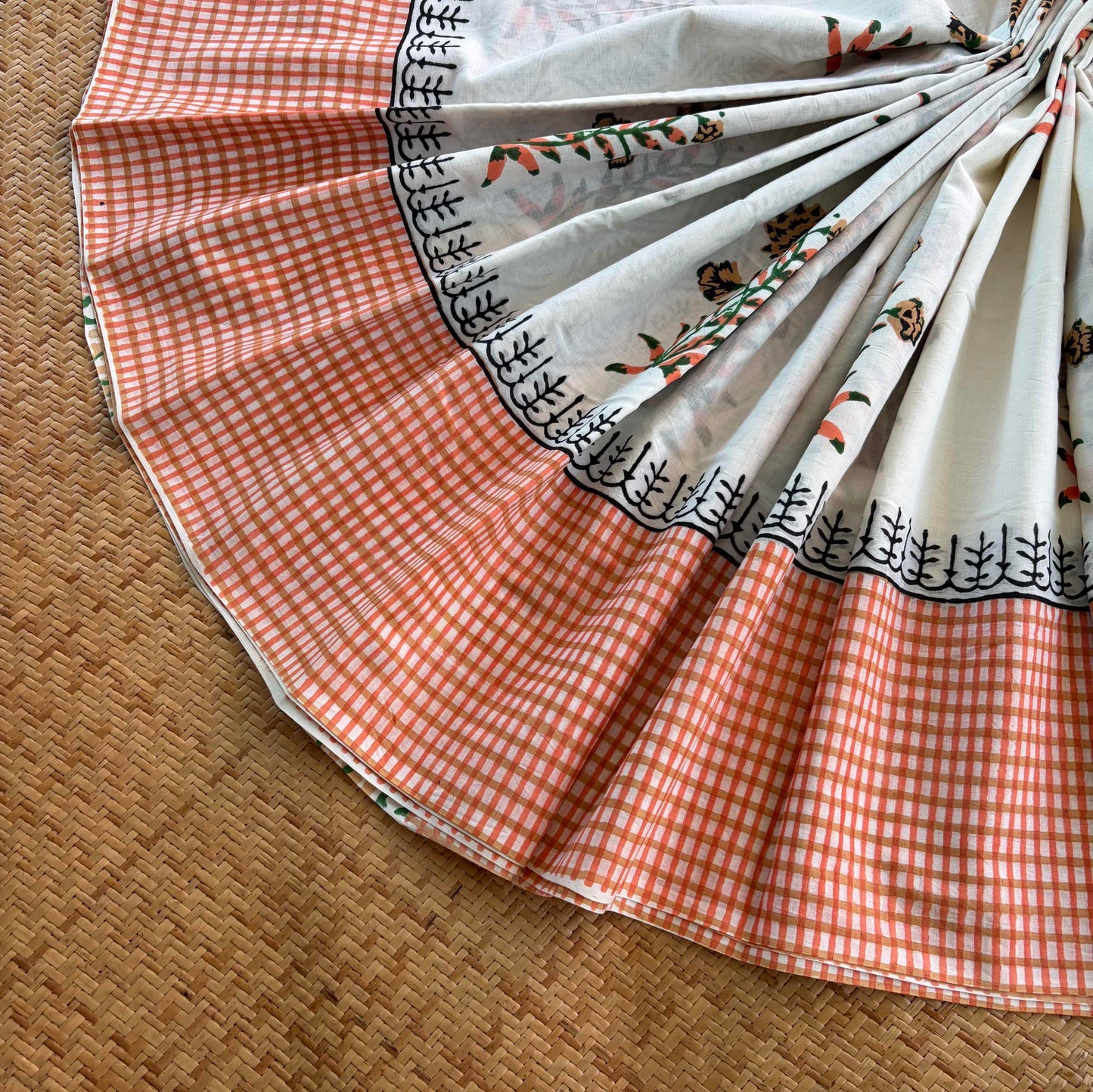 Mul Mul Cotton saree, Hand Block Printed, White