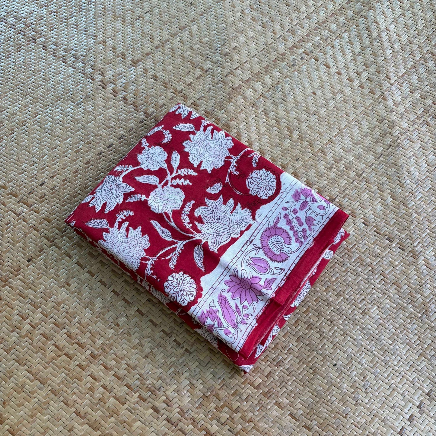 Mul Mul Cotton saree, Hand Block Printed, Red