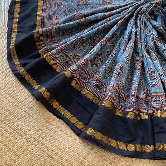 Denim Blue, Ajrak Hand Block Printed On Madurai Cotton Saree With Zari