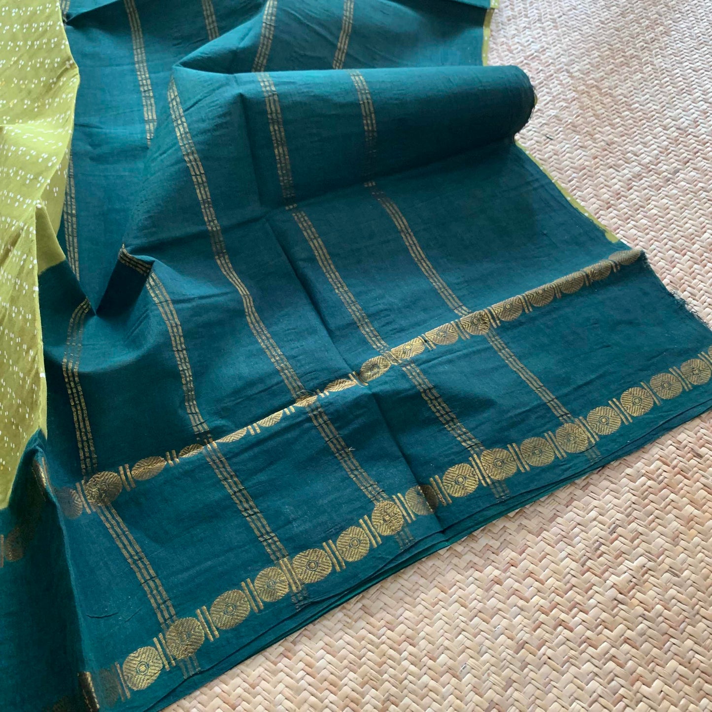 Green With White Wax Print, Rettai Pettu Sungudi Cotton Sarees