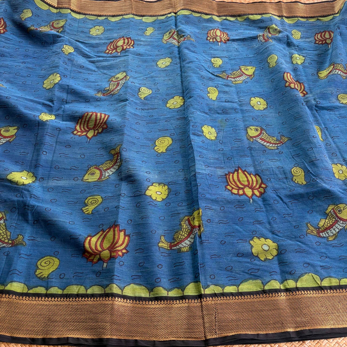 Blue Kalamkari Hand Painted on Chettinad Cotton saree