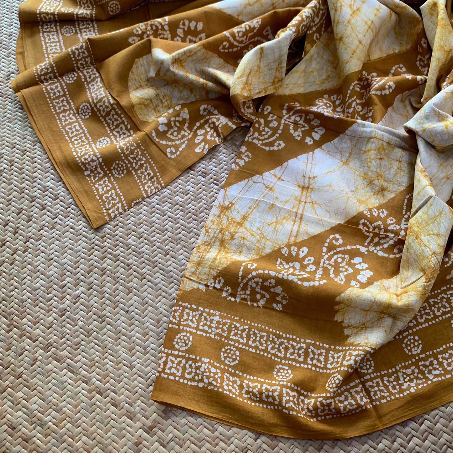 Mustard Hand Crafted wax print Sungudi Mul Mul Cotton Saree