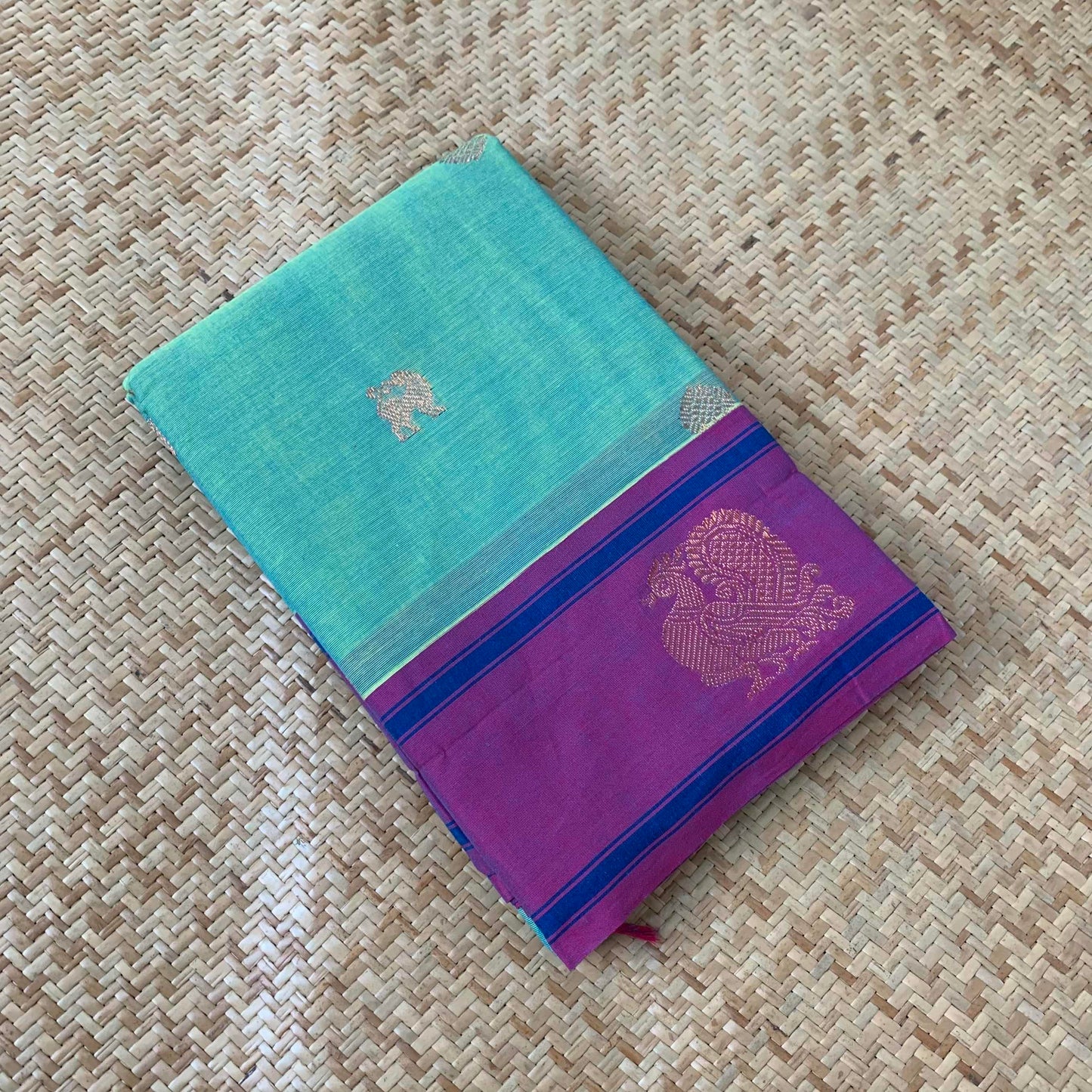 Kanchipuram Cotton Saree, Aqua Blue Double Tone Saree with Purple Border and Grand Pallu with Yazhi Chakkaram Butta